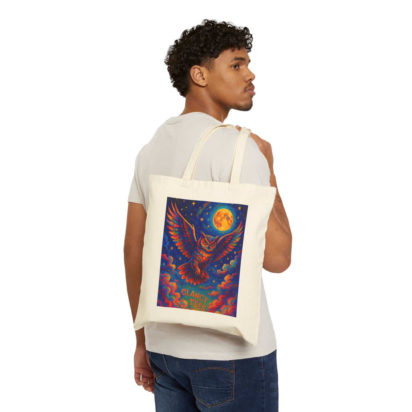 Psychedelic Owl Moon Tote Bag Canvas Reusable Eco Friendly Trippy Night Artwork