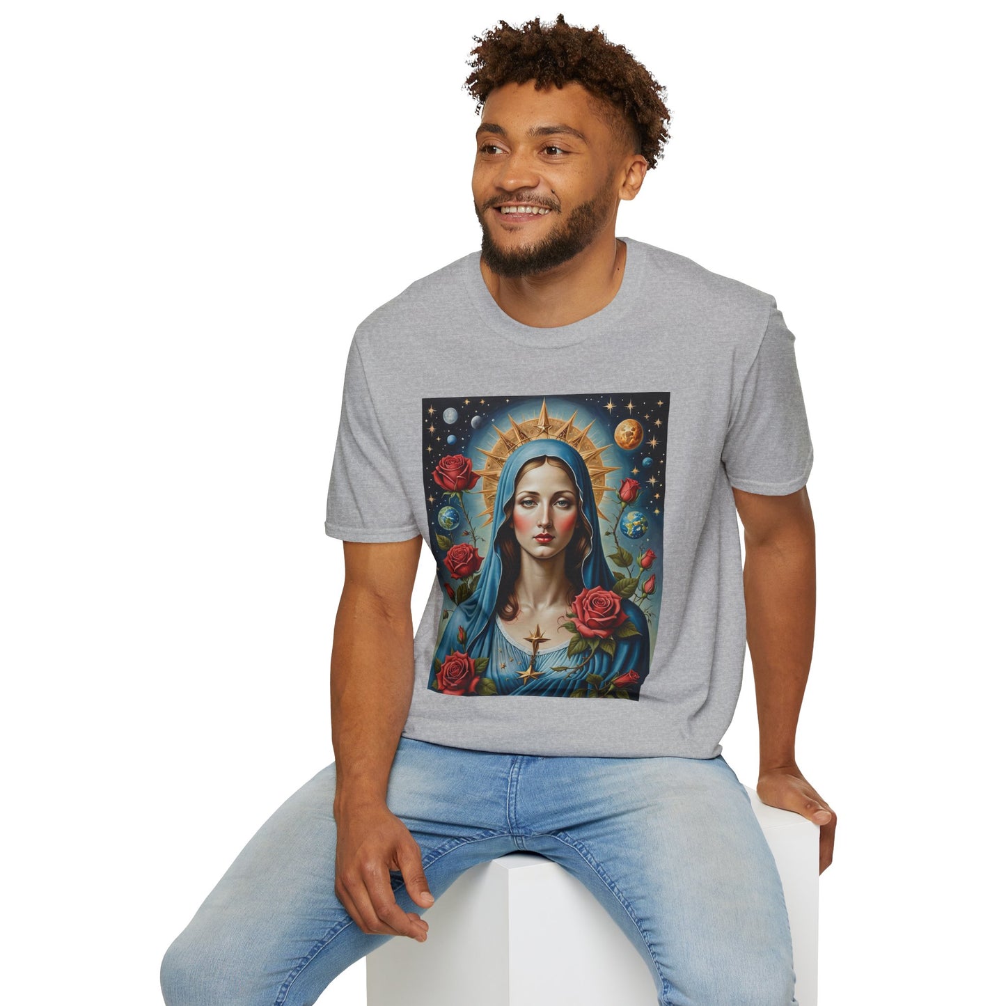 Artistic Virgin Mary T-Shirt, Vintage Graphic Tee, Religious Shirt, Christian Gift, Casual Wear
