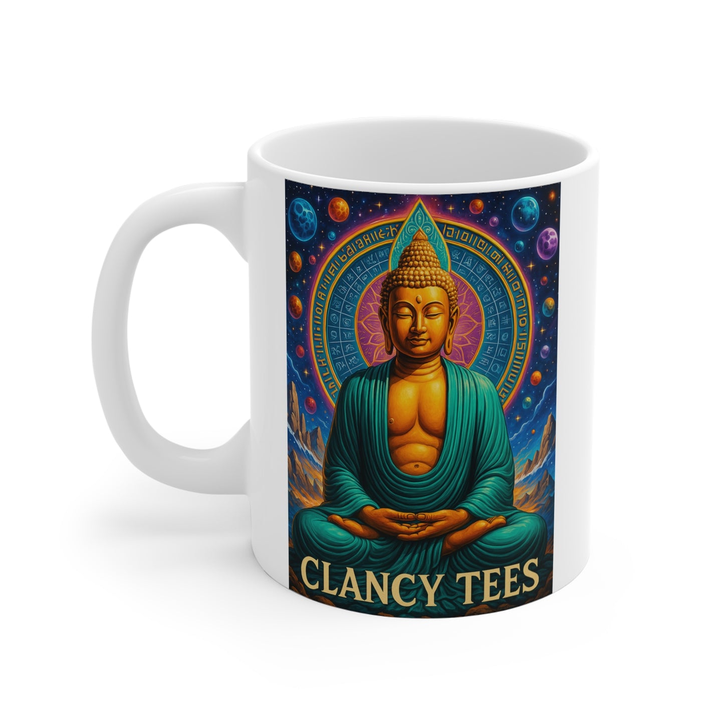 Cosmic Buddha Meditation Mug Spiritual Universe Coffee Cup Vibrant Mandala Artwork Ceramic 11oz Zen Aesthetic Gift For Mindfulness Seekers