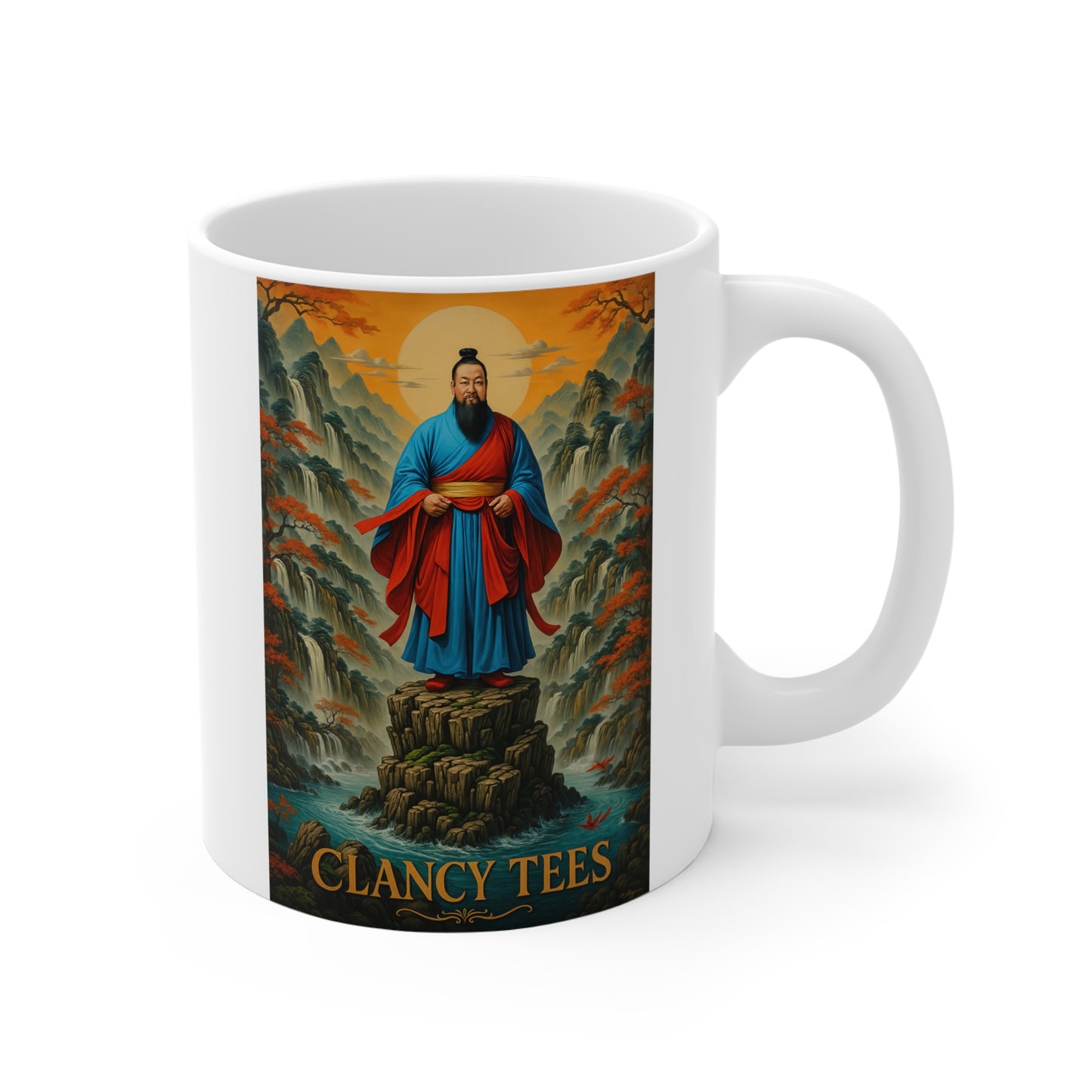 Ancient Warrior Ceramic Mug 11oz – Samurai Artwork Coffee Cup, Mythical Asian Mountain Design, Gift for History Lovers