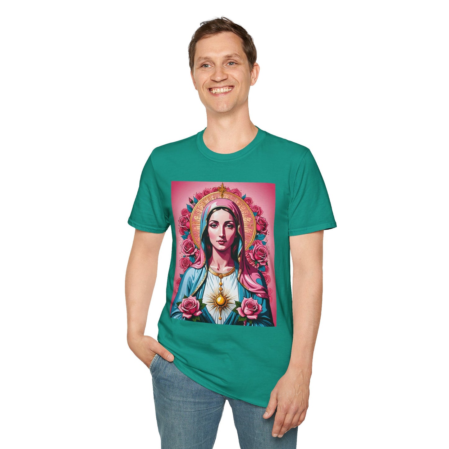 Unisex Softstyle T-Shirt with Sacred Heart Design, Spiritual Apparel, Artistic Gift for Many Occasions, Vintage Aesthetic, Festive Wear
