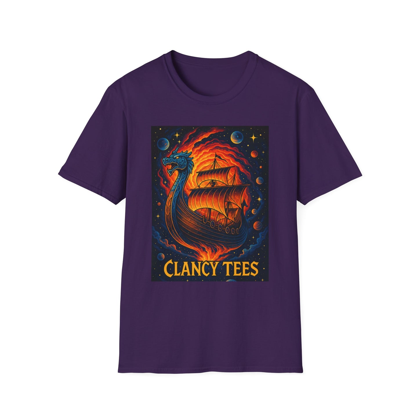 Viking Ship Dragon Shirt – Trippy Norse Mythology Tee with Fiery Cosmic Art – Bold Fantasy Graphic – Gift for Myth Lovers and Warrior Souls