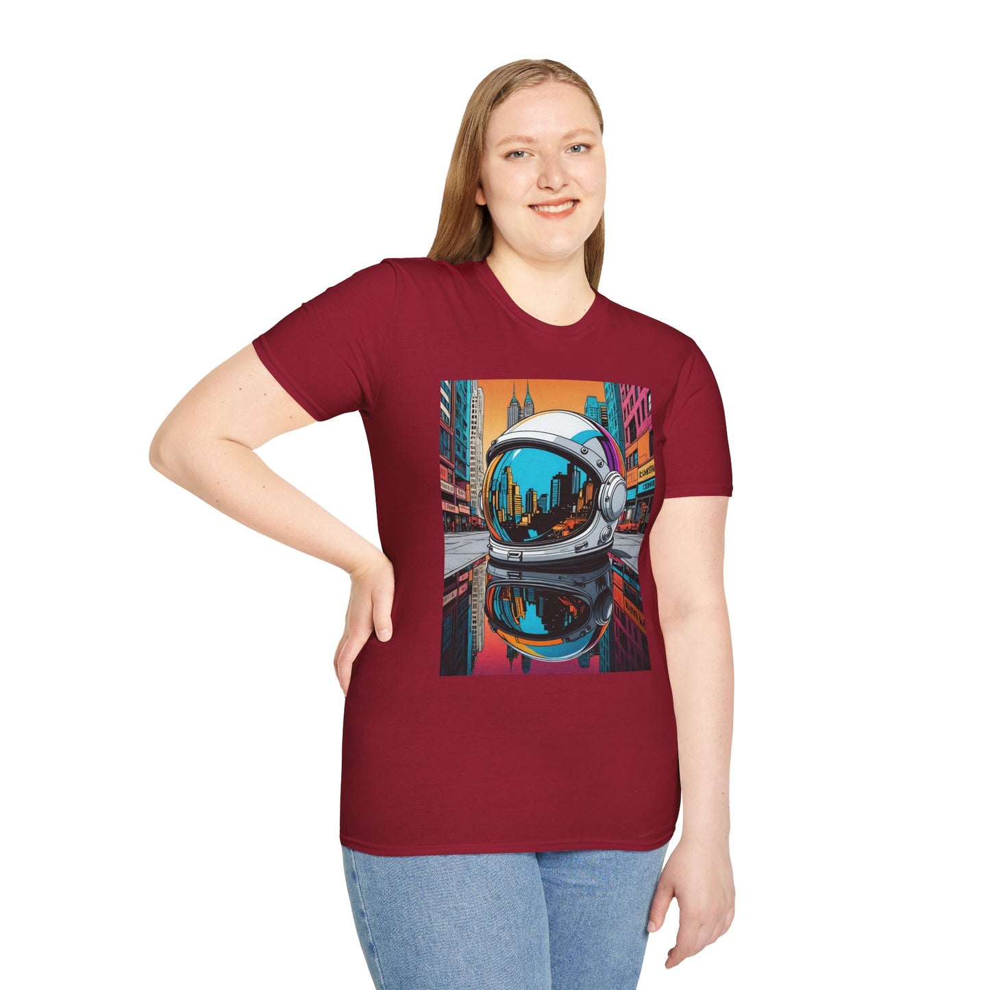 City Astronaut Reflection T-Shirt – Urban Space Art Tee – Gift for Sci-Fi Fans, Streetwear Addicts, and Cosmic Daydreamers