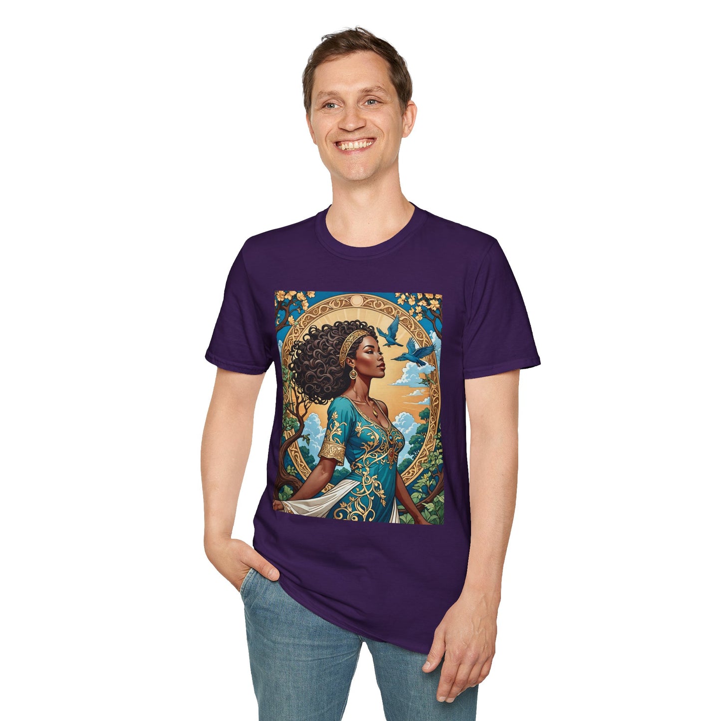 Bohemian Goddess T-Shirt, Unisex Softstyle Tee, Nature-Inspired Apparel, Gift for Women, Artistic Graphic Shirt, Eco-Friendly Fashion