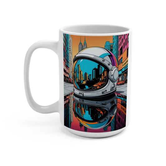 Astronaut Helmet Reflection Mug Futuristic City Sci Fi Coffee Cup 15oz Ceramic Gift For Space And Galaxy Lovers
