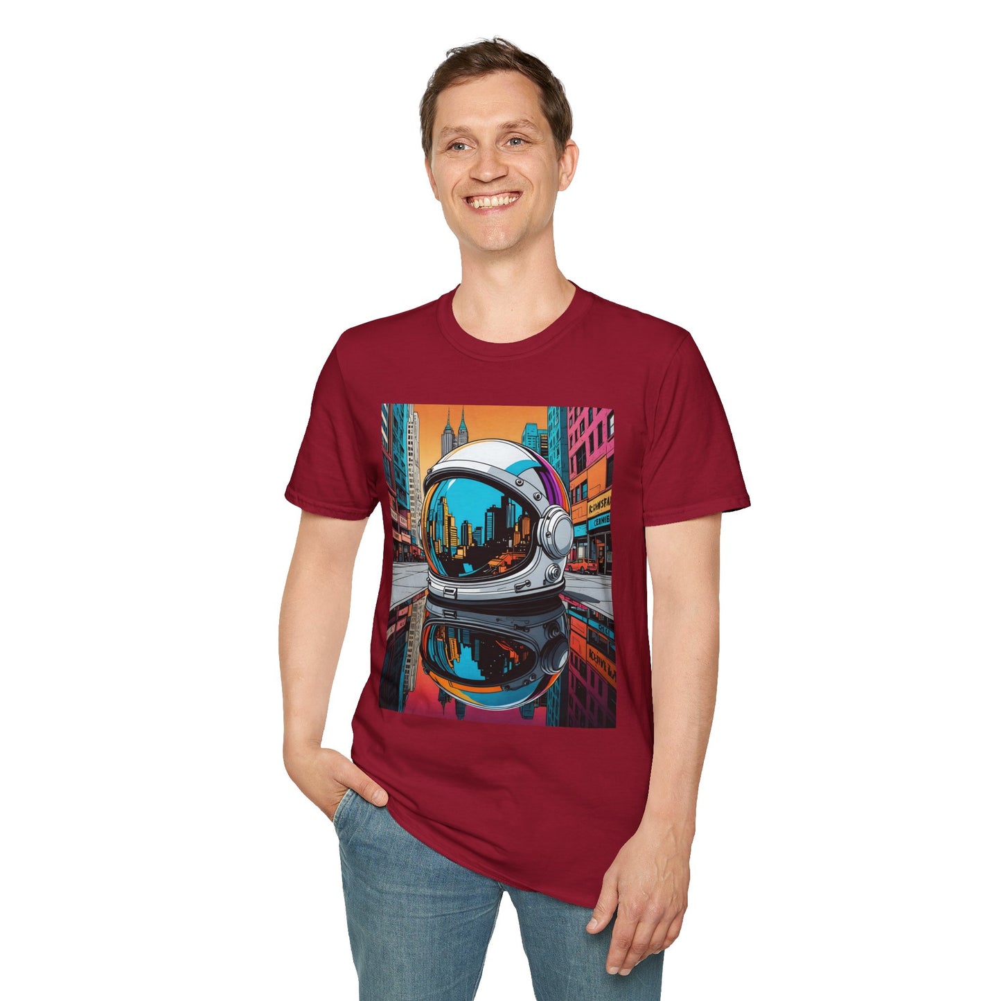 City Astronaut Reflection T-Shirt – Urban Space Art Tee – Gift for Sci-Fi Fans, Streetwear Addicts, and Cosmic Daydreamers
