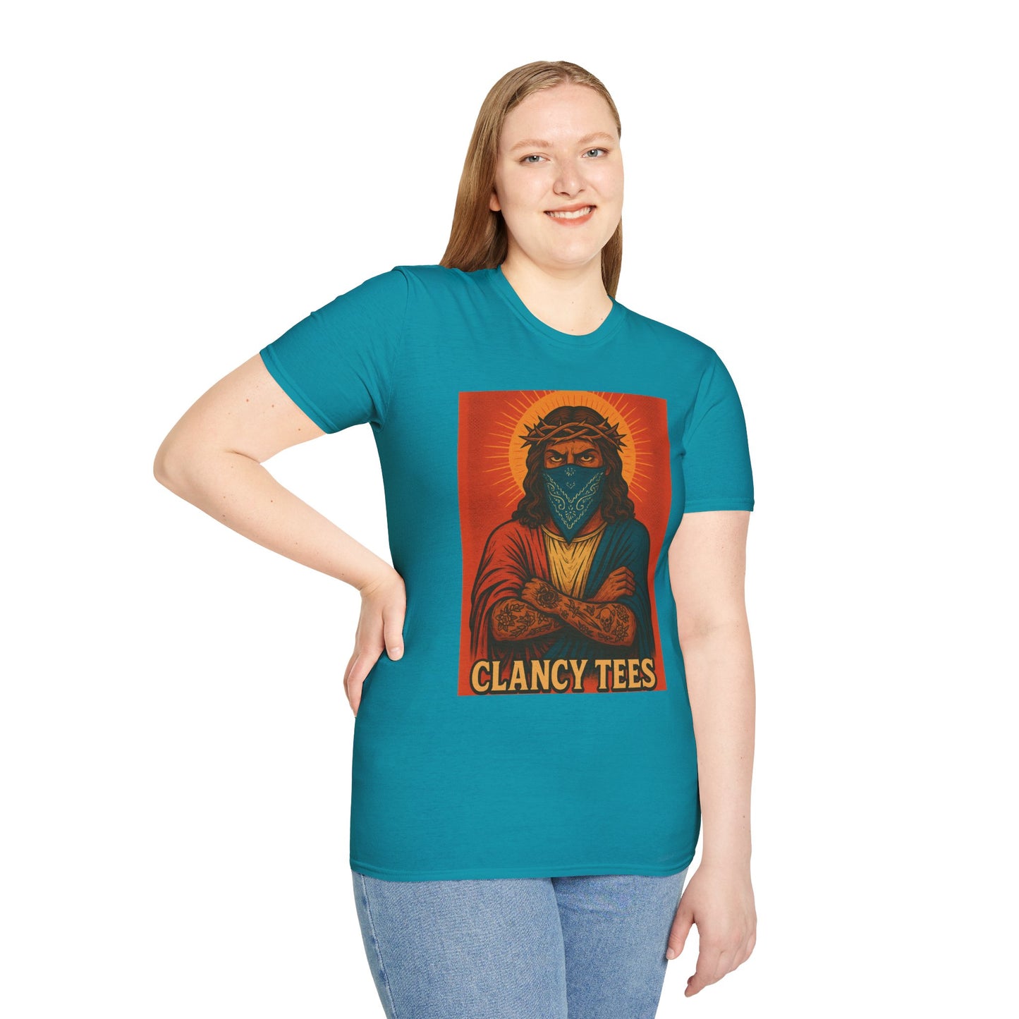 Gangsta Jesus Tattoo Shirt – Bold Religious Parody Tee with Face Mask – Street Art Style Graphic – Gift for Rebels, Sinners, and Faithful Rule-Breakers