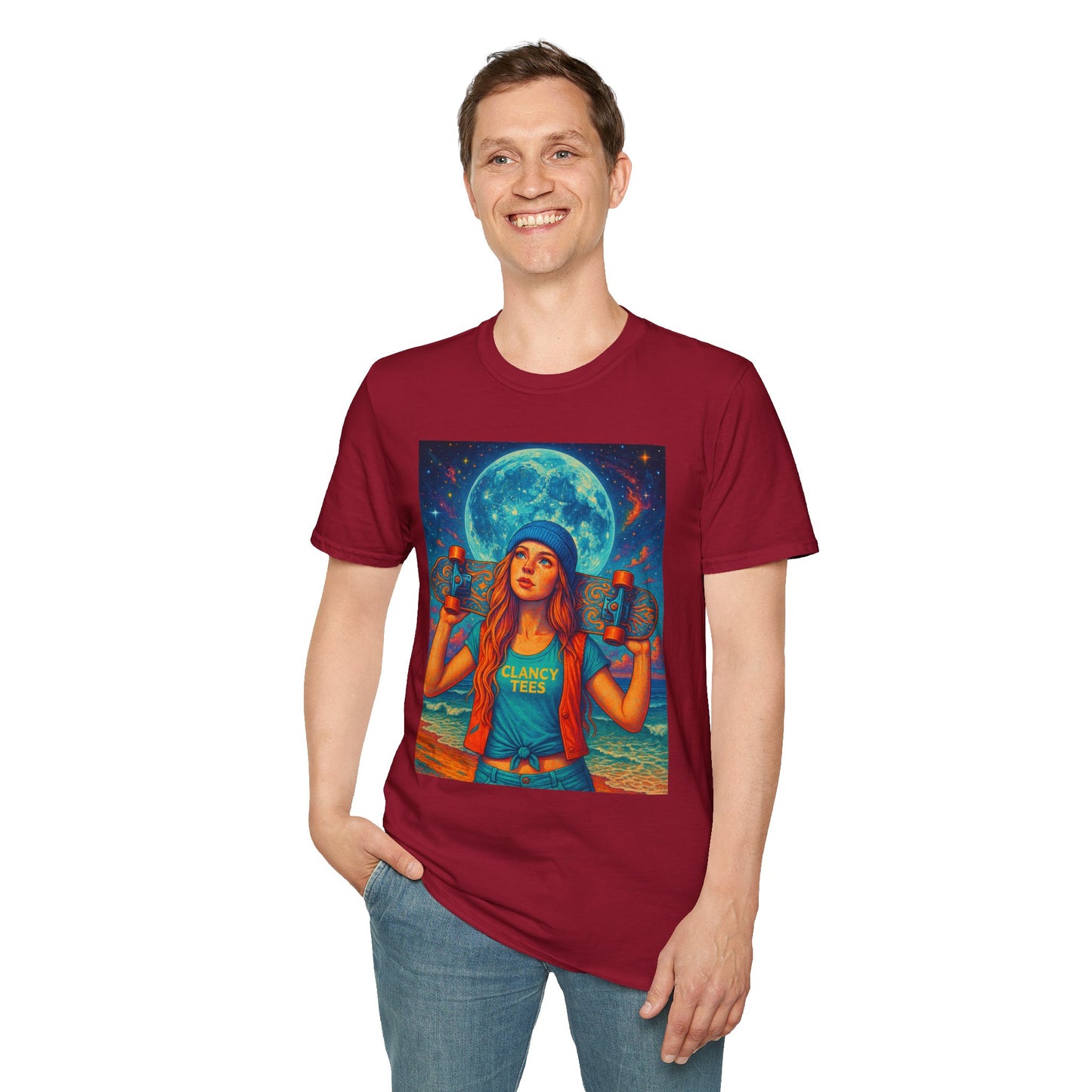 Bohemian Skater Girl Graphic Tee, Unisex T-Shirt with Moon & Nature Design, Perfect for Festivals, Gift for Nature Lovers, Summer Vibes, Casual Wear
