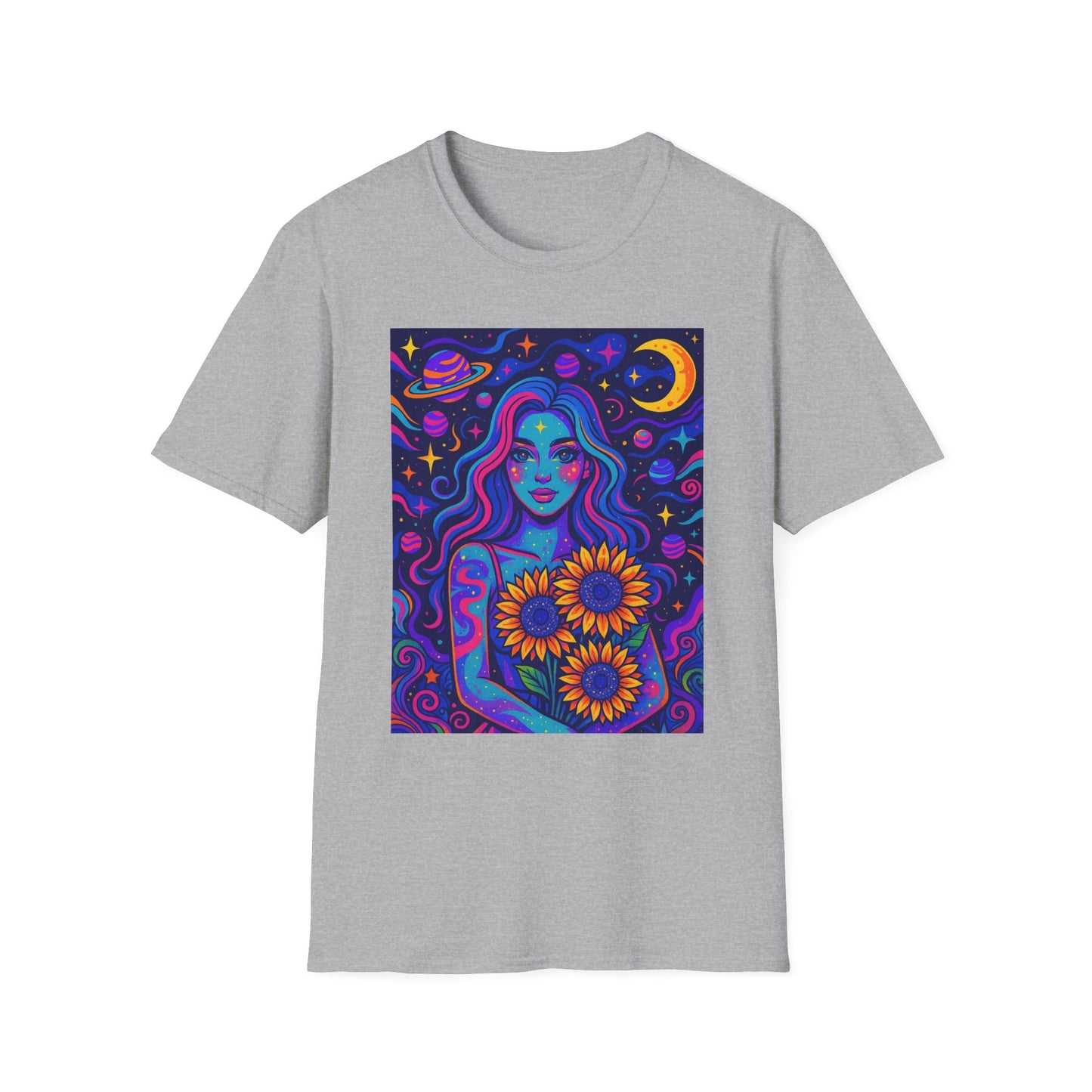 Psychedelic Sunflower Girl Shirt Trippy Space Goddess Tee Gift for Astrology Lovers Cosmic Art T Shirt for Hippies Star Gazers and Moon Magic Fans