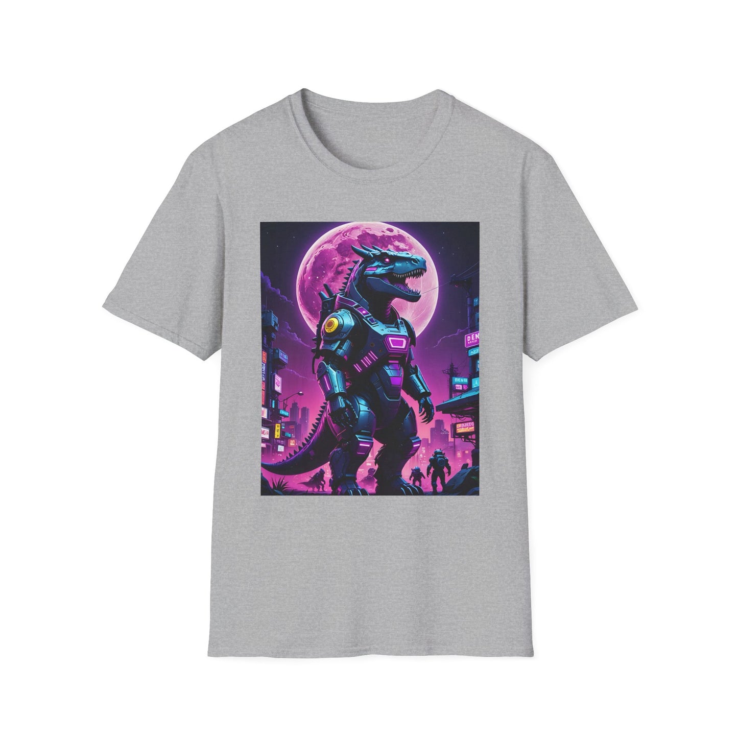 Cyberpunk Dinosaur T Shirt Neon Retro Graphic Tee Futuristic Monster Artwork Top Gift for Sci Fi Fans