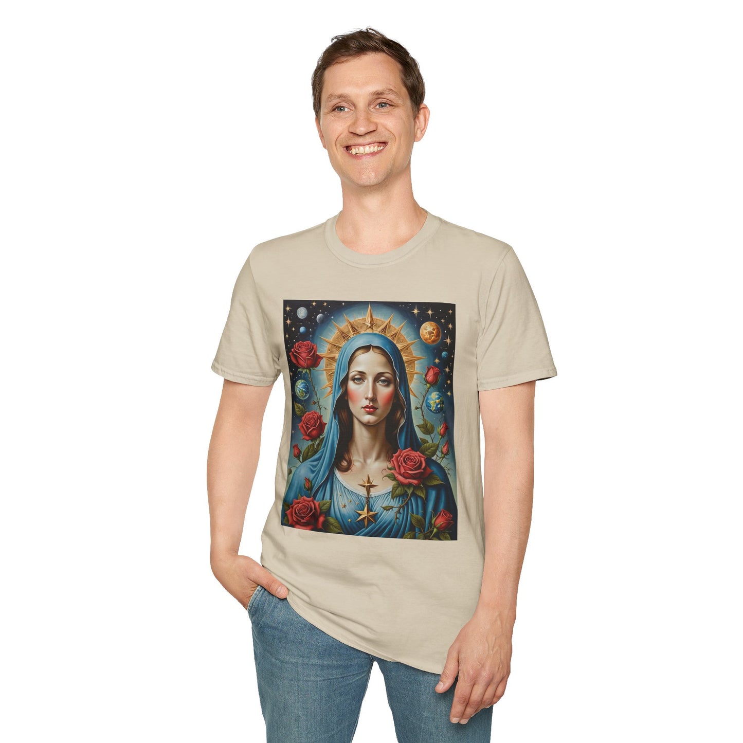 Artistic Virgin Mary T-Shirt, Vintage Graphic Tee, Religious Shirt, Christian Gift, Casual Wear