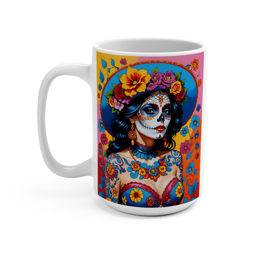 Day Of The Dead Mug – Sugar Skull Woman Coffee Cup With Colorful Floral Artwork, Dia De Los Muertos Design, Gift For Art Lovers