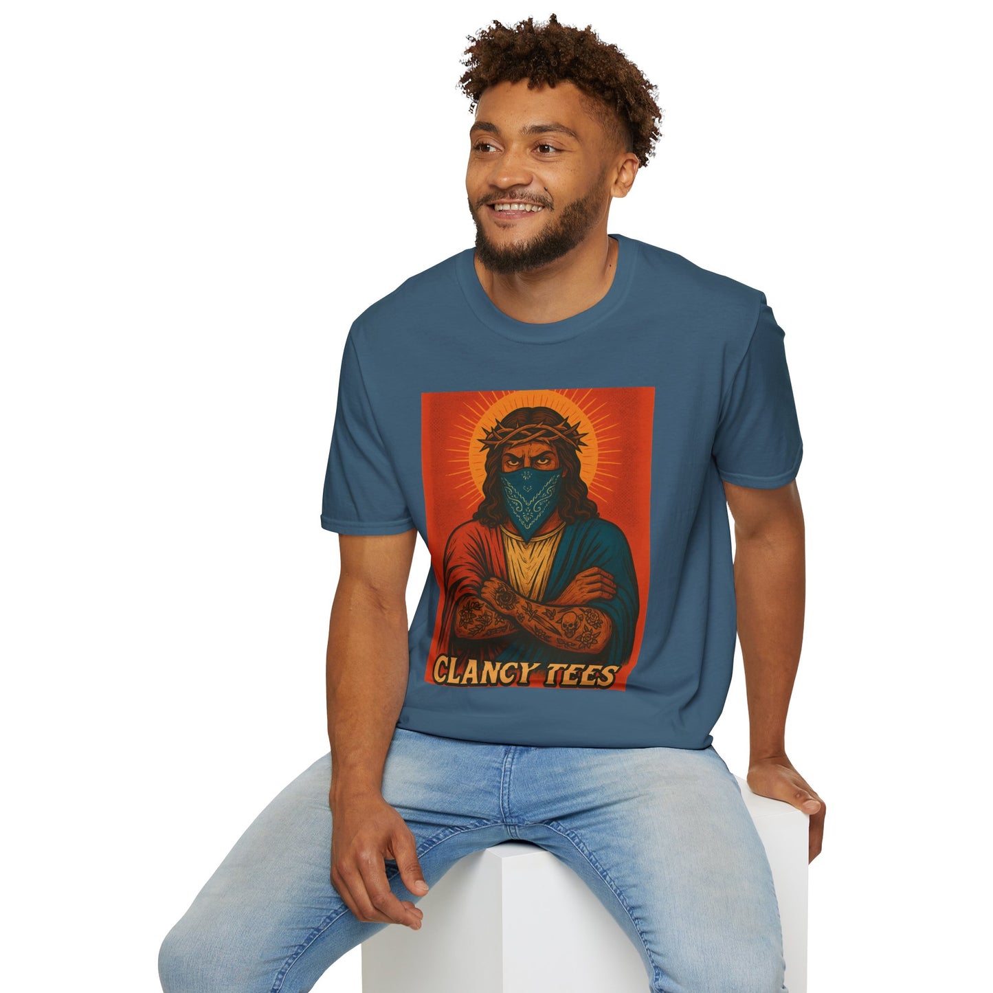 Gangsta Jesus Tattoo Shirt – Bold Religious Parody Tee with Face Mask – Street Art Style Graphic – Gift for Rebels, Sinners, and Faithful Rule-Breakers