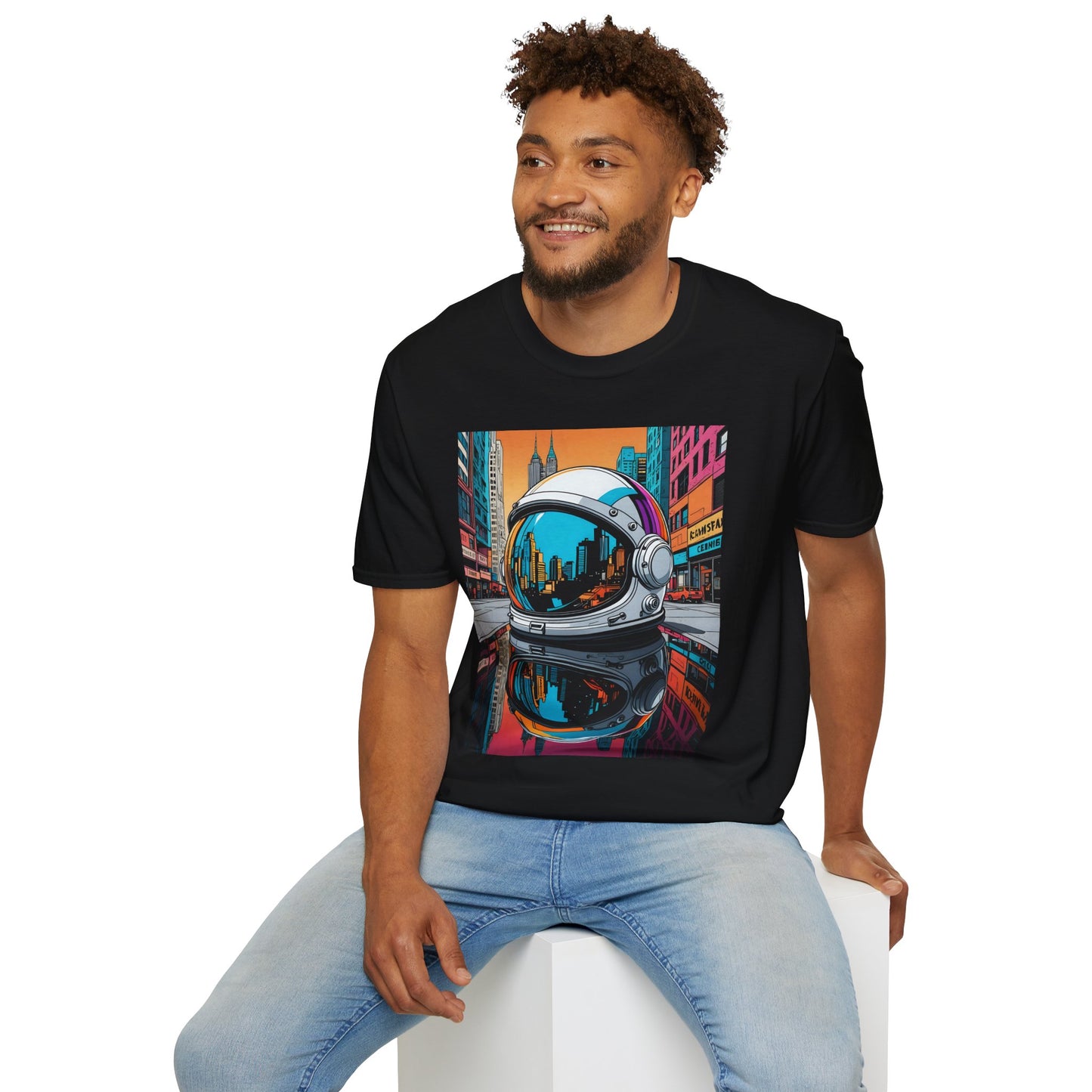 City Astronaut Reflection T-Shirt – Urban Space Art Tee – Gift for Sci-Fi Fans, Streetwear Addicts, and Cosmic Daydreamers