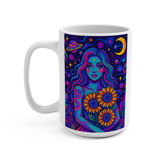 Cosmic Sunflower Goddess Mug – Psychedelic Coffee Cup, Celestial Art Drinkware, Gift for Astrology Lovers, Vibrant Galaxy Mug