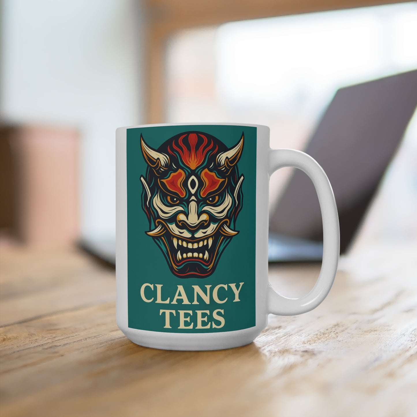 Oni Demon Mask Mug Japanese Tattoo Artwork Ceramic Coffee Cup Gift for Mythology Fans