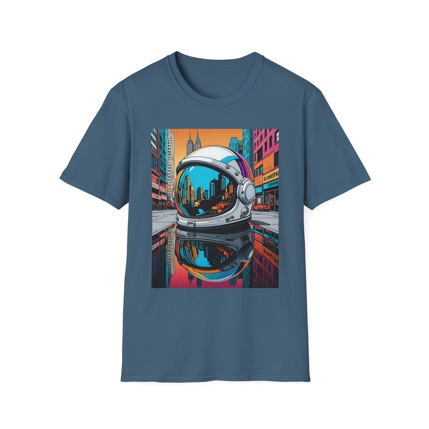 City Astronaut Reflection T-Shirt – Urban Space Art Tee – Gift for Sci-Fi Fans, Streetwear Addicts, and Cosmic Daydreamers