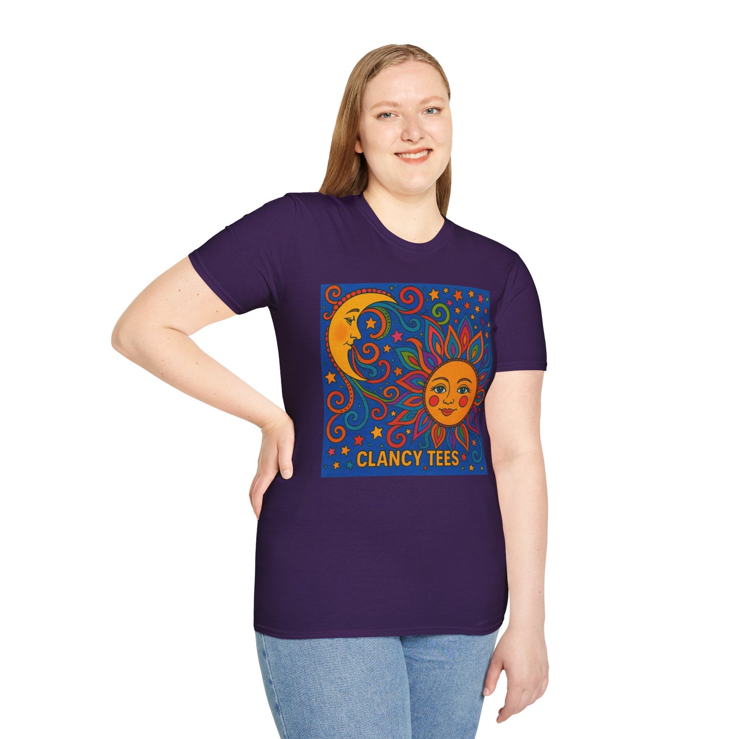 Sun and Moon Vibrant Tee, Unisex Softstyle T-Shirt for Summer Vibes, Boho Fashion, Gift for Her, Festival Wear, Casual Wear