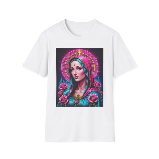 Religious Graphic Tee - Vibrant Mary Artwork, Gift for Devotees, Floral Design Shirt, Faith-Inspired Apparel, Everyday Wear