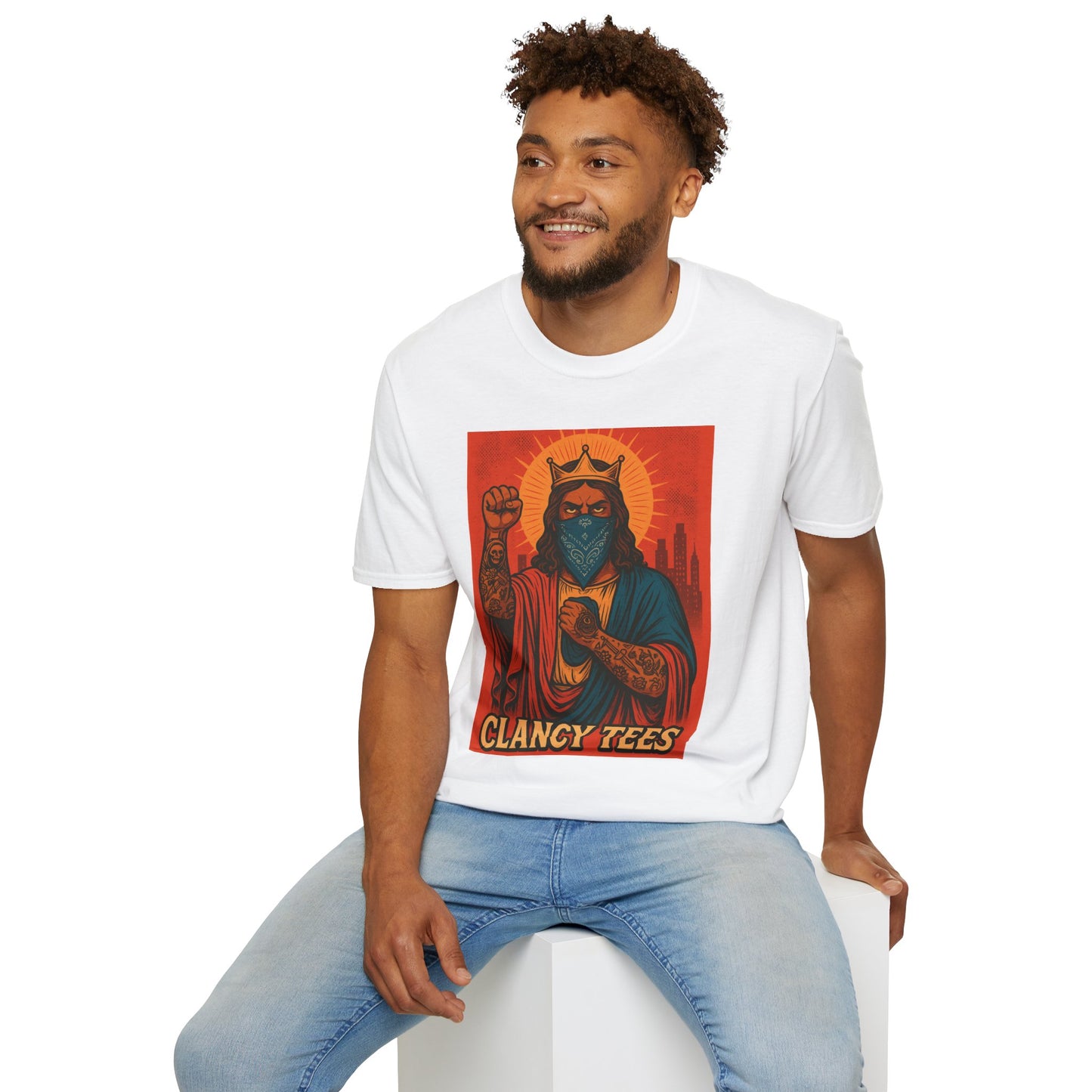 Tattooed Jesus Street Art Shirt – Clancy Tees | Urban Messiah Graphic Tee | Bold Religious Satire Shirt | King of the Block Tee