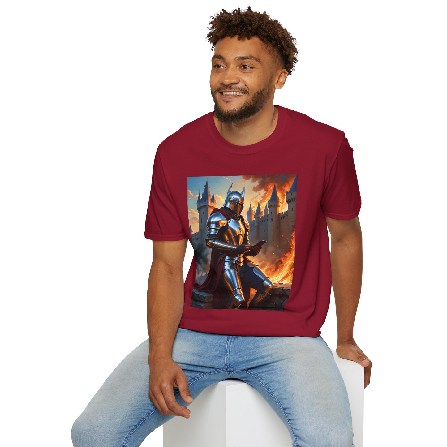 Knight in Burning Castle Shirt – Dark Fantasy Armor Tee – Gift for RPG Fans, Medieval Nerds, and Apocalyptic History Buffs