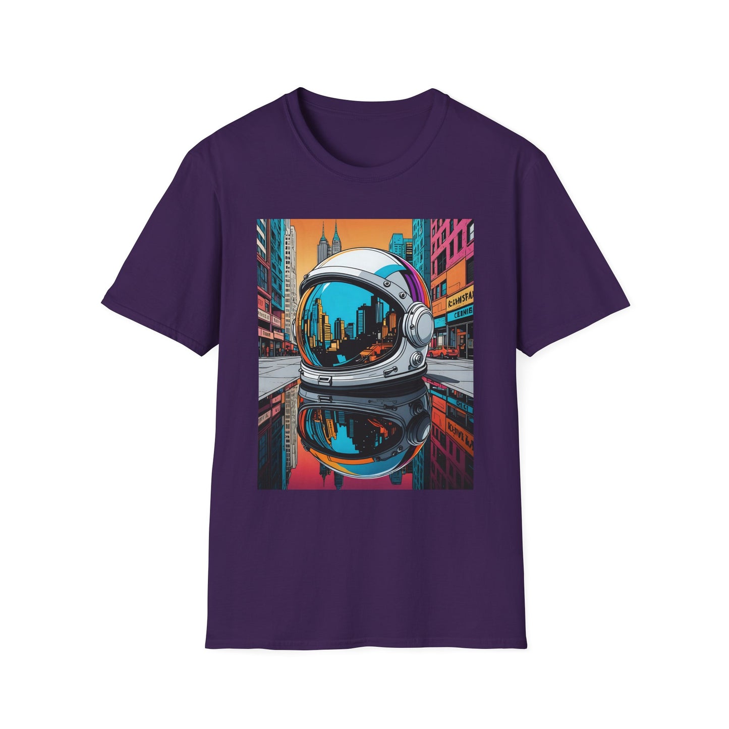 City Astronaut Reflection T-Shirt – Urban Space Art Tee – Gift for Sci-Fi Fans, Streetwear Addicts, and Cosmic Daydreamers