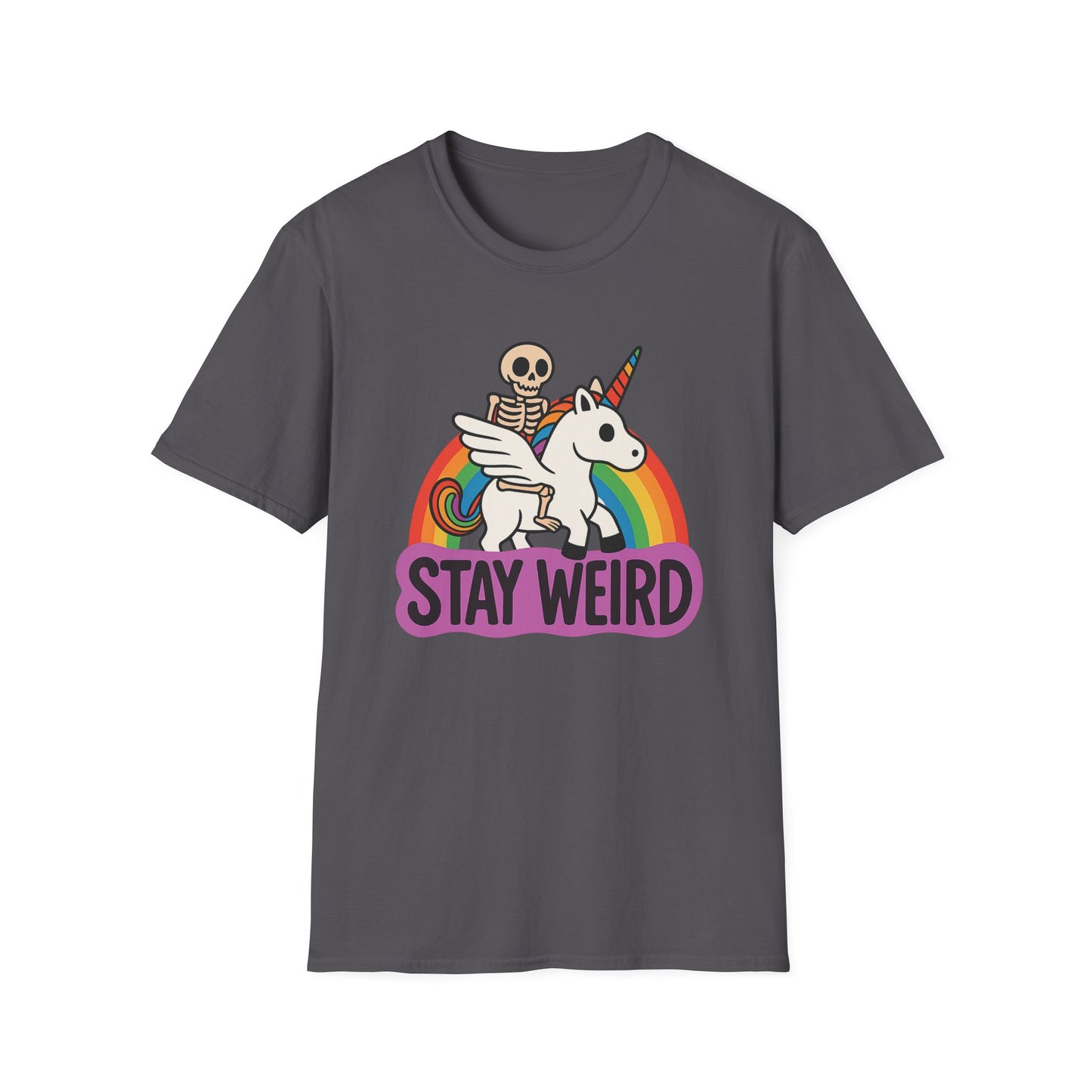 Stay Weird Skeleton Unicorn Shirt – Funny Rainbow Graphic Tee – Whimsical Weirdcore Clothing – Gift for Quirky Friends and Oddball Souls