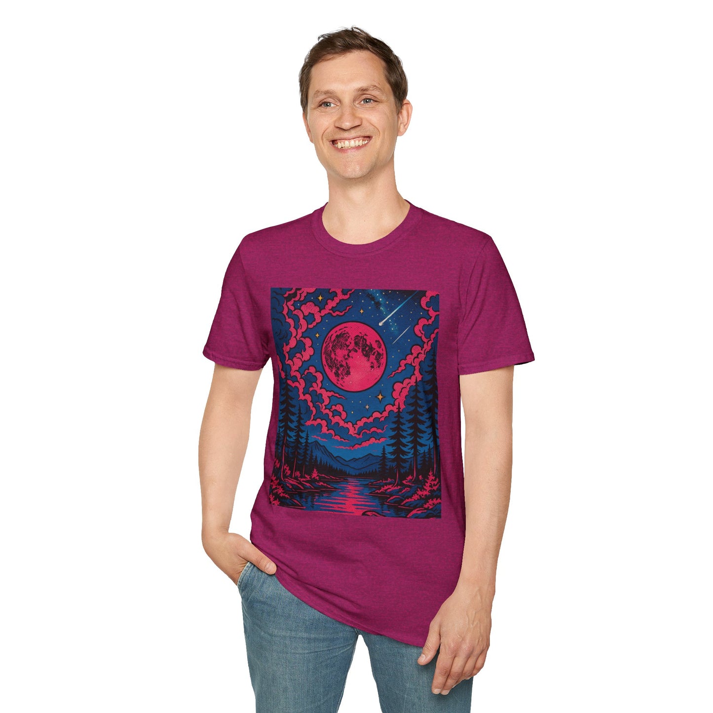 Trippy Red Moon Forest T-Shirt – Surreal Nature Graphic Tee • Psychedelic Night Sky Shirt • Gildan Softstyle® Unisex • Gift for Nature Lovers