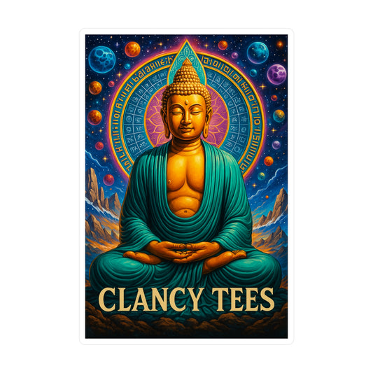 ClancyTees Cosmic Buddha Sticker – Kiss Cut Vinyl Decal, Spiritual Artwork, Galaxy Aesthetic, Gift for Mindfulness Fans