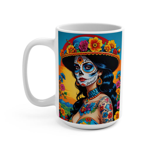Colorful Sugar Skull Woman Mug – Dia De Los Muertos Coffee Cup With Floral Artwork, Mexican Folk Art Style, Gift For Art Lovers