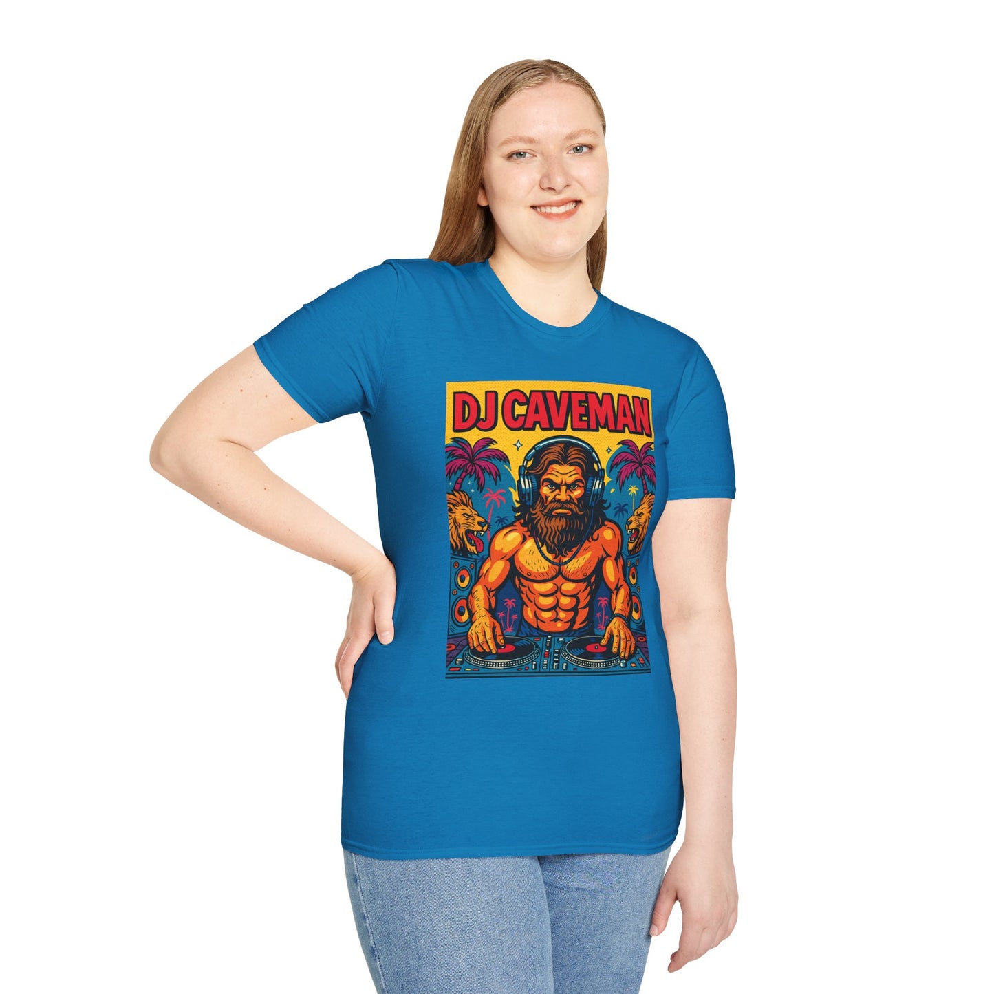 DJ Caveman T-Shirt Funny Rave Party Tee | Prehistoric Clubbing Shirt for Music Lovers | Gift for DJs and EDM Fans | Caveman Aesthetic Shirt