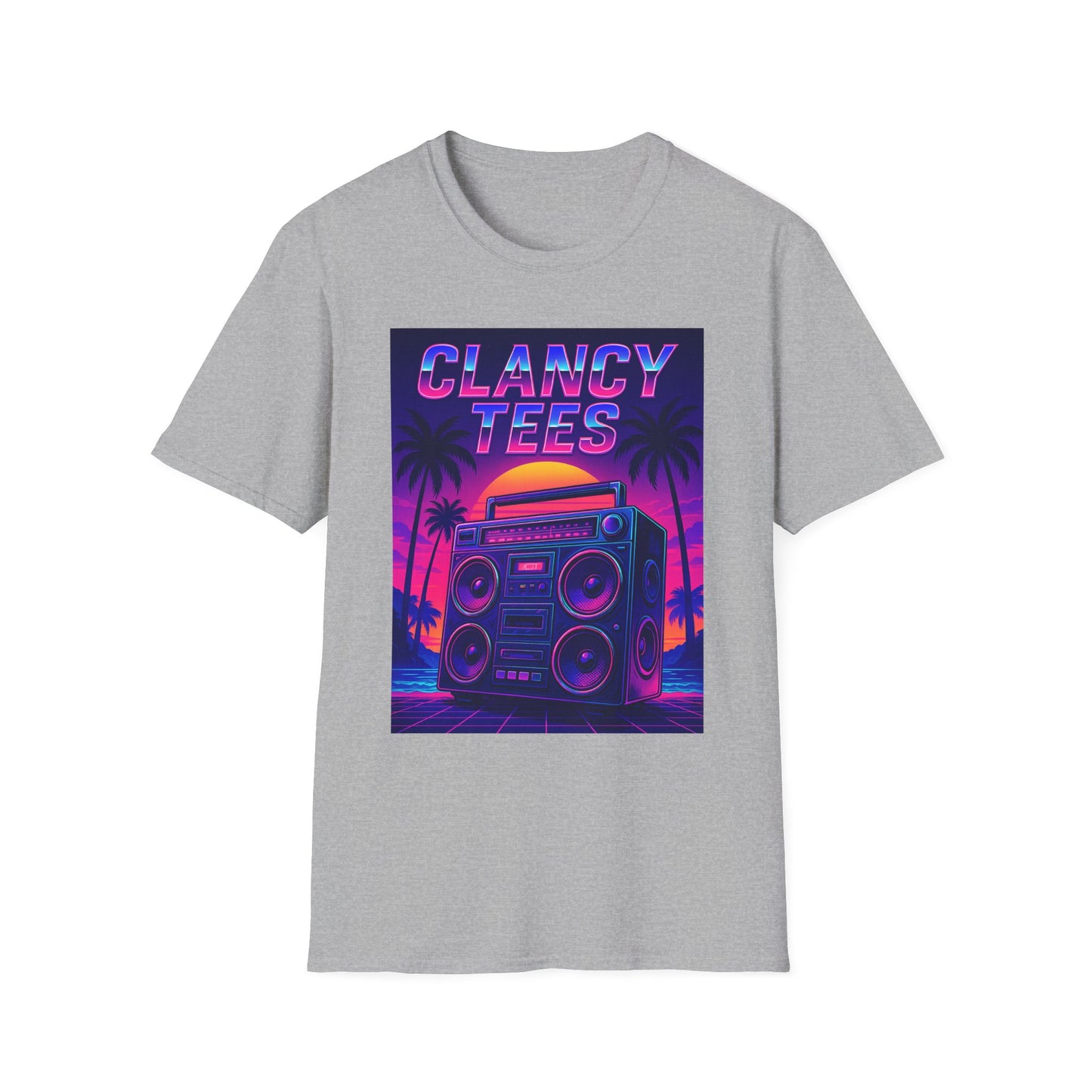 Retro Boombox Sunset Tee – Vaporwave Clancy Tees Shirt – Gift for 80s Kids, Music Lovers, Synthwave Fans & Nostalgic Neon Dreamers