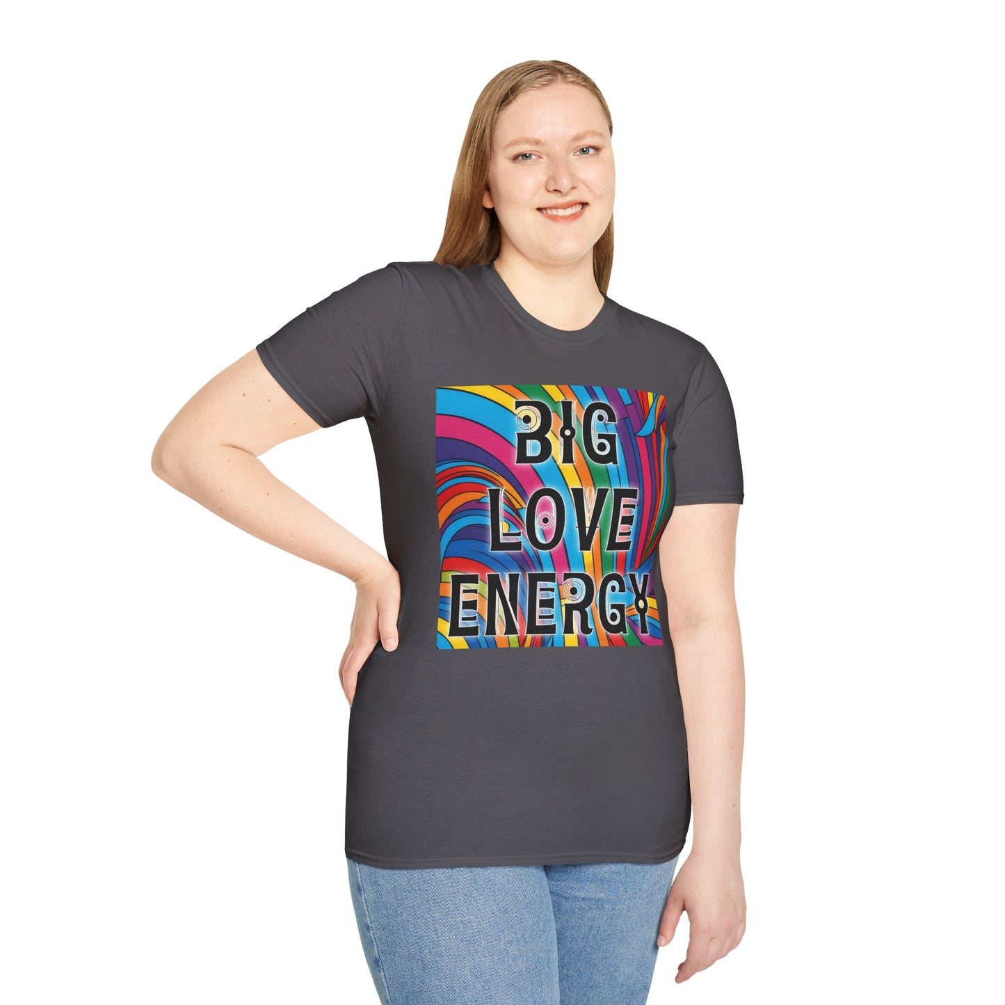 Big Love Energy Shirt – Colorful Retro Pride Rainbow Tee with Bold Positive Message – Gift for Optimists, LGBTQ Friends, and Love-First People