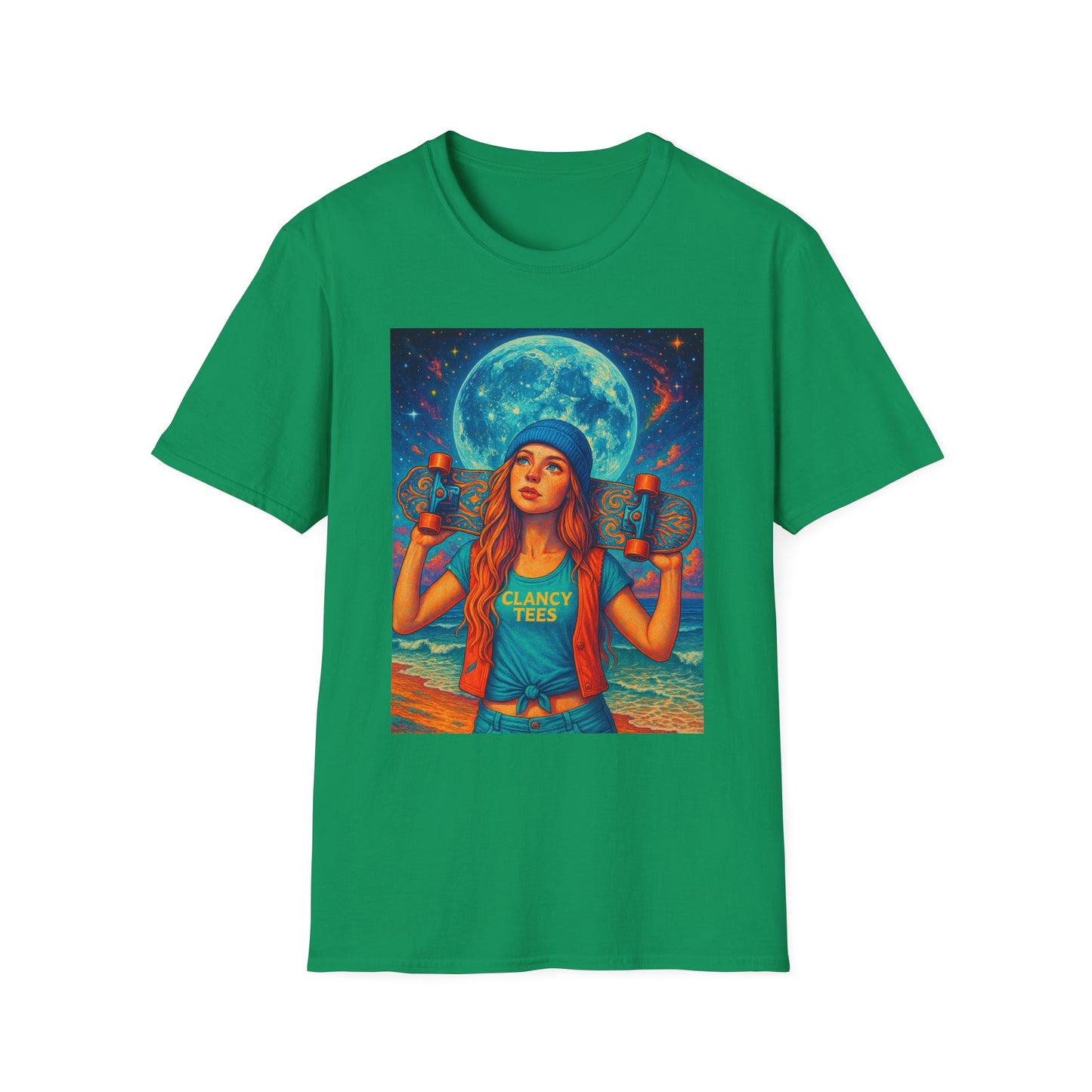 Bohemian Skater Girl Graphic Tee, Unisex T-Shirt with Moon & Nature Design, Perfect for Festivals, Gift for Nature Lovers, Summer Vibes, Casual Wear