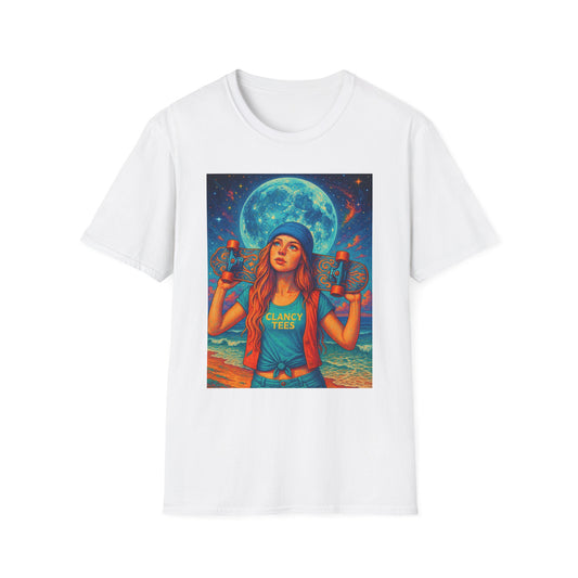 Bohemian Skater Girl Graphic Tee, Unisex T-Shirt with Moon & Nature Design, Perfect for Festivals, Gift for Nature Lovers, Summer Vibes, Casual Wear
