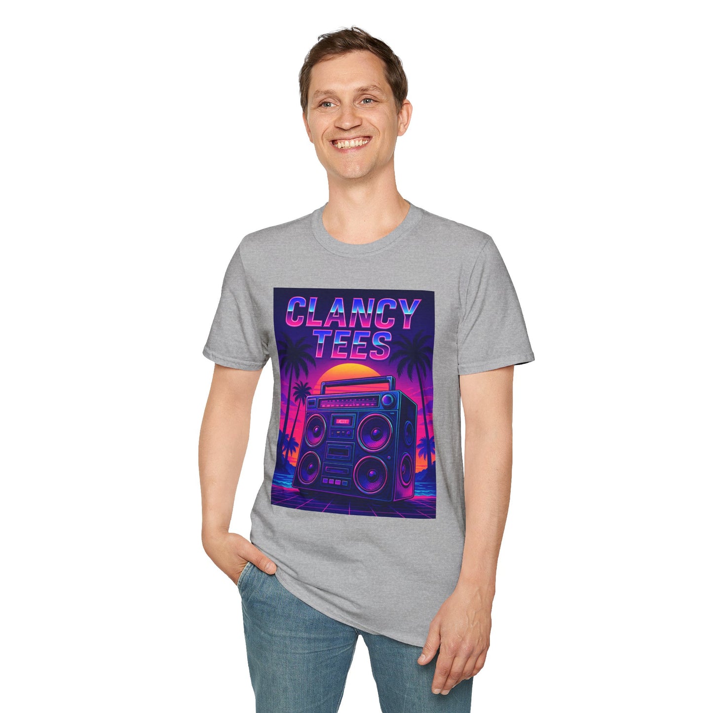 Retro Boombox Sunset Tee – Vaporwave Clancy Tees Shirt – Gift for 80s Kids, Music Lovers, Synthwave Fans & Nostalgic Neon Dreamers