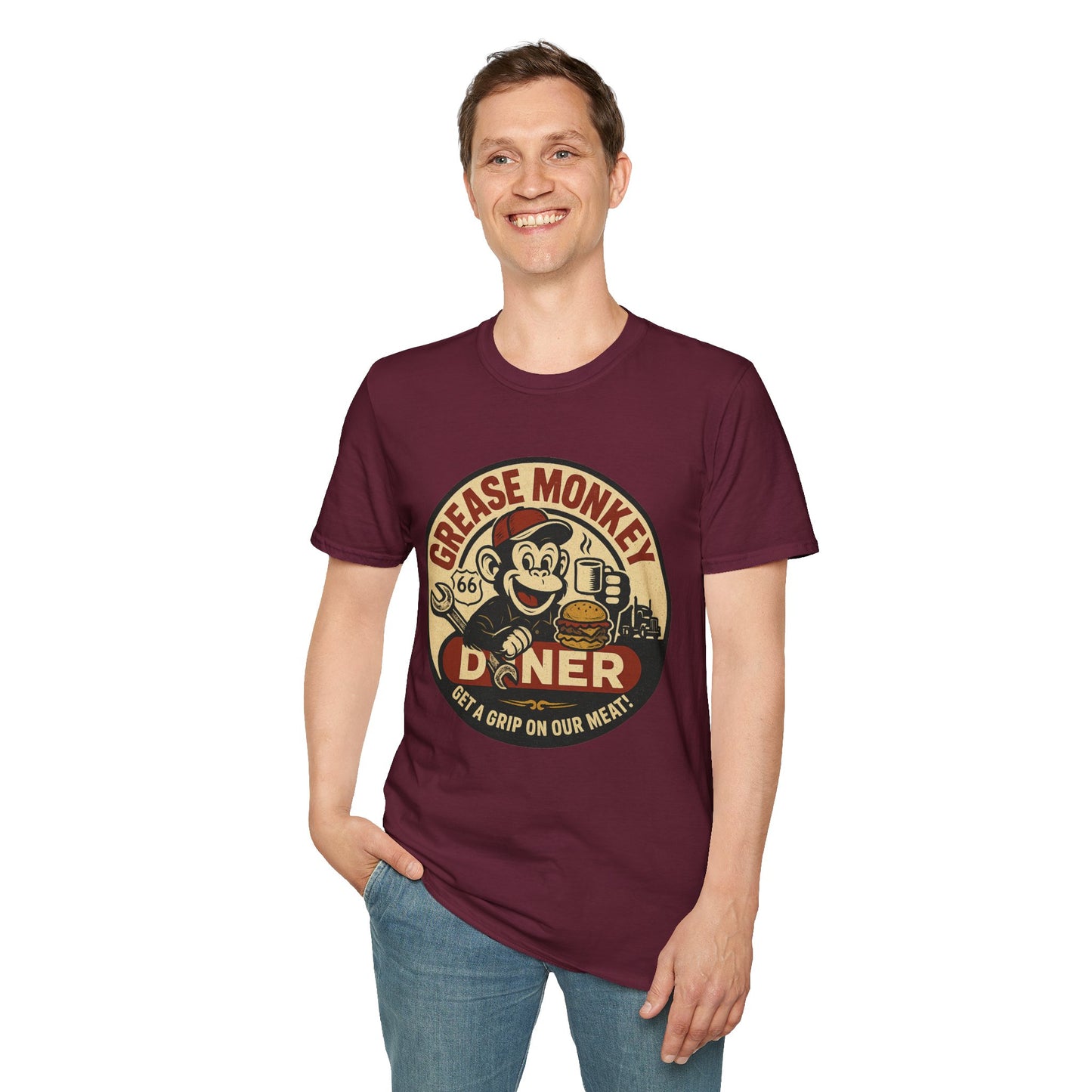 Grease Monkey Diner T-Shirt – Retro Mechanic Mascot Tee – Funny Vintage Roadside Shirt Gift for Car Guys, Grill Masters, and Route 66 Road Trip Fans