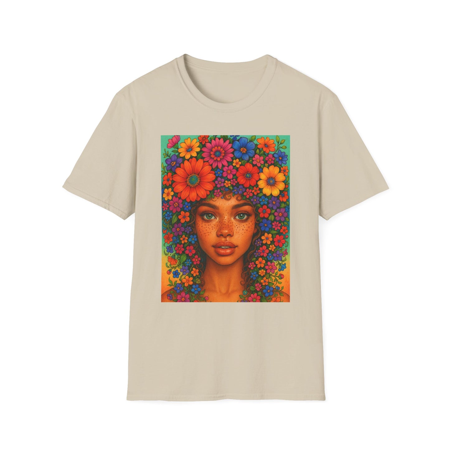 Flower Crown Woman T-Shirt – Afro Boho Floral Portrait Tee – Vibrant Art Shirt Gift for Nature Lovers, Hippies, Artists, and Bold Aesthetic Queens
