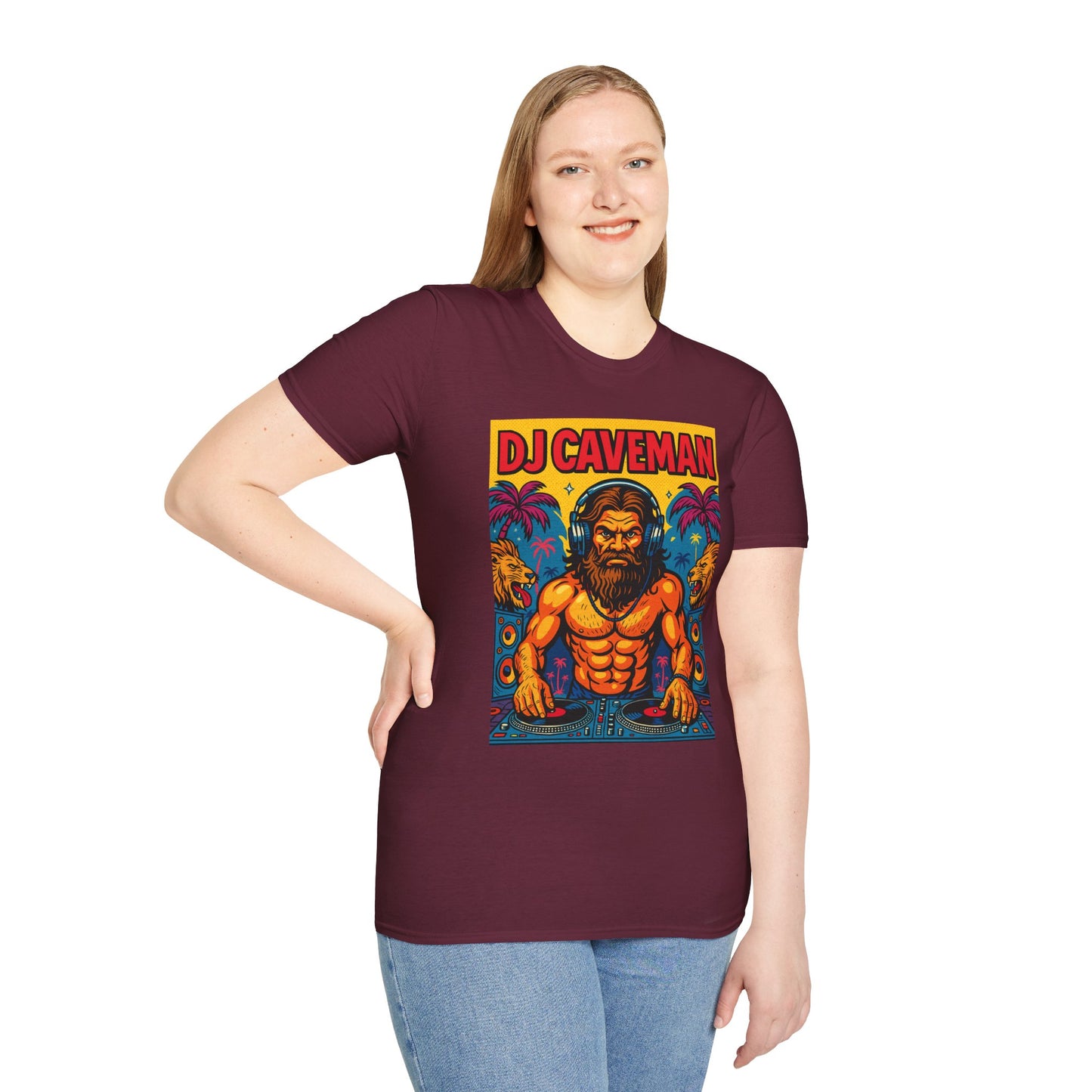 DJ Caveman T-Shirt Funny Rave Party Tee | Prehistoric Clubbing Shirt for Music Lovers | Gift for DJs and EDM Fans | Caveman Aesthetic Shirt