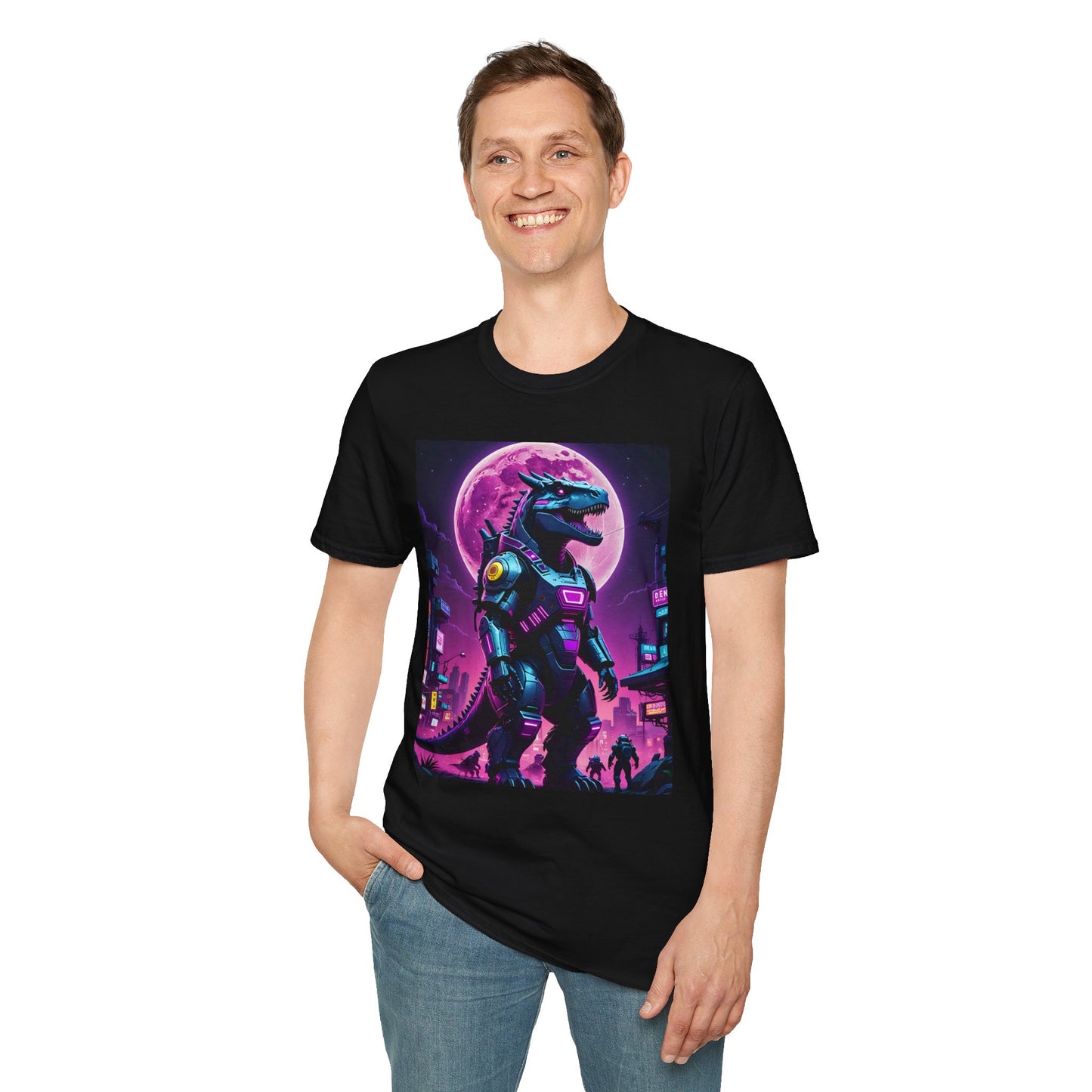 Cyberpunk Dinosaur T Shirt Neon Retro Graphic Tee Futuristic Monster Artwork Top Gift for Sci Fi Fans