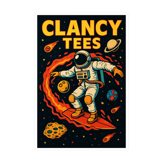 ClancyTees Astronaut Surfer Sticker – Kiss Cut Vinyl Decal, Space Artwork, Retro Sci Fi Aesthetic, Gift for Cosmic Dreamers