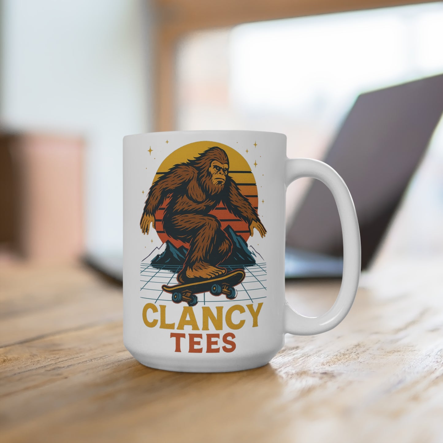 Skateboarding Bigfoot Coffee Mug Funny 15oz Ceramic Cup Retro Cryptid Gift For Sasquatch Fans Bold Humor Morning Drinkware Unique ClancyTees Design