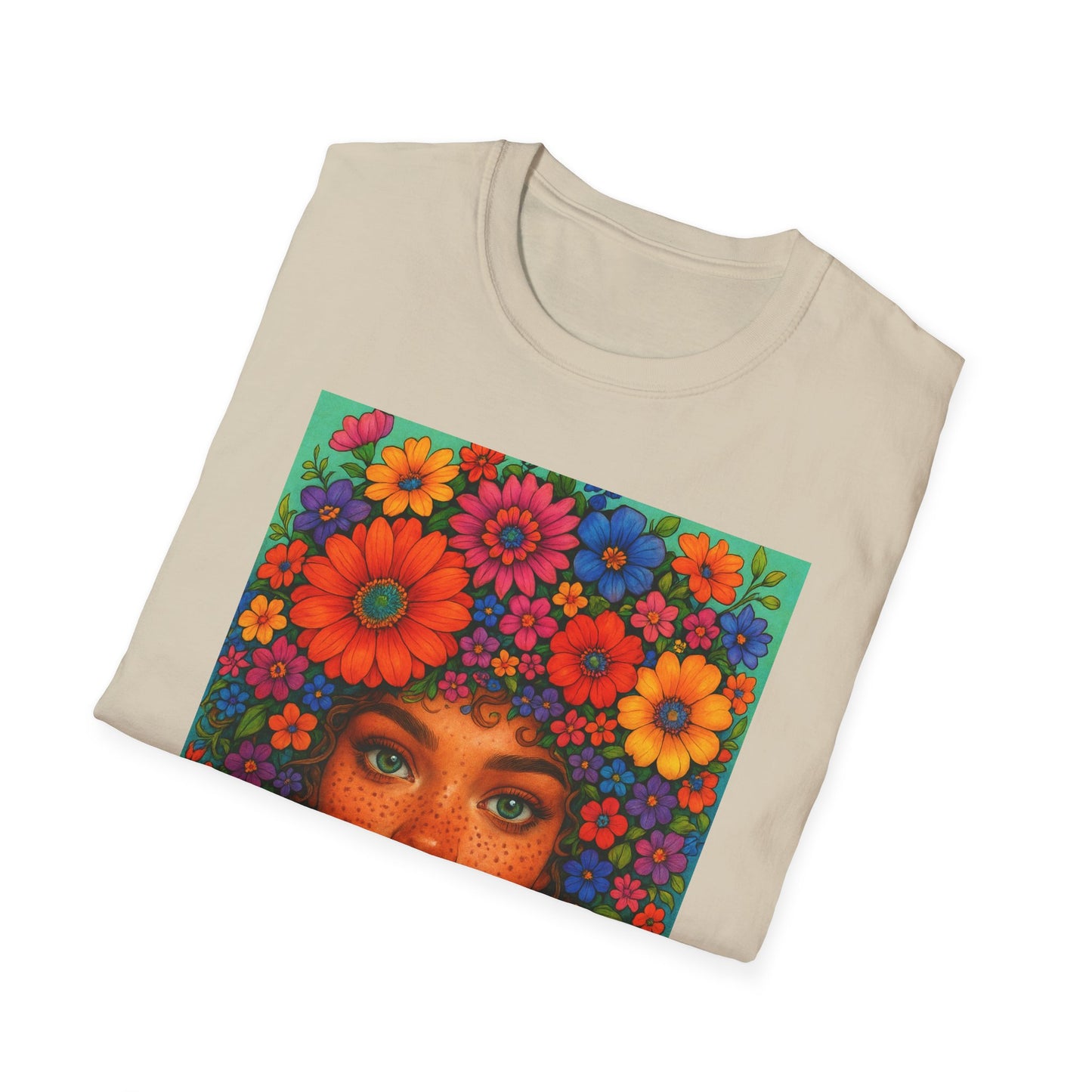 Flower Crown Woman T-Shirt – Afro Boho Floral Portrait Tee – Vibrant Art Shirt Gift for Nature Lovers, Hippies, Artists, and Bold Aesthetic Queens