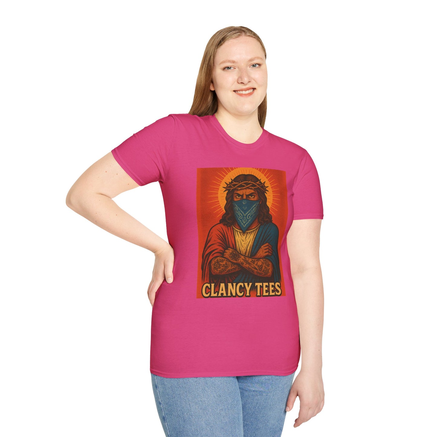 Gangsta Jesus Tattoo Shirt – Bold Religious Parody Tee with Face Mask – Street Art Style Graphic – Gift for Rebels, Sinners, and Faithful Rule-Breakers