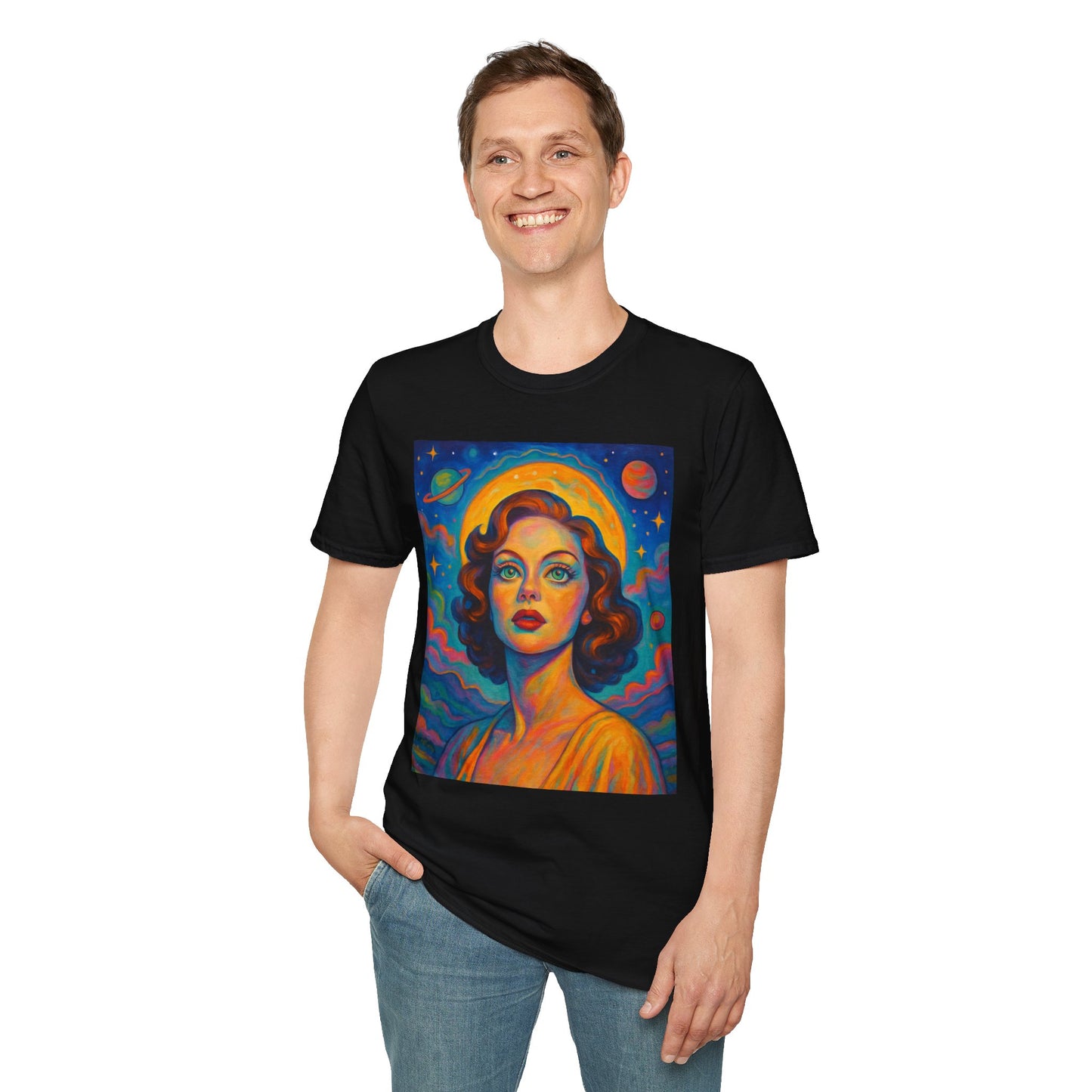 Retro Space Girl T Shirt Vintage Sci Fi Beauty Psychedelic Pop Art Galaxy Babe Tee Gift for Star Gazers Cosmic Fashion Astronaut Dreamwear