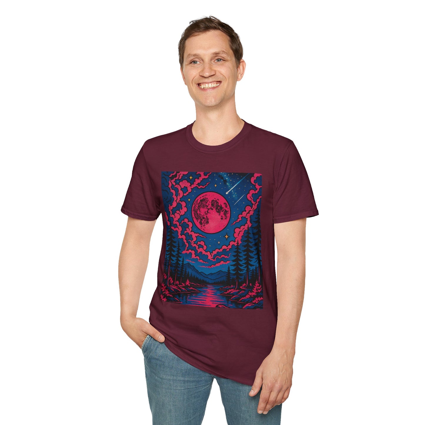 Trippy Red Moon Forest T-Shirt – Surreal Nature Graphic Tee • Psychedelic Night Sky Shirt • Gildan Softstyle® Unisex • Gift for Nature Lovers