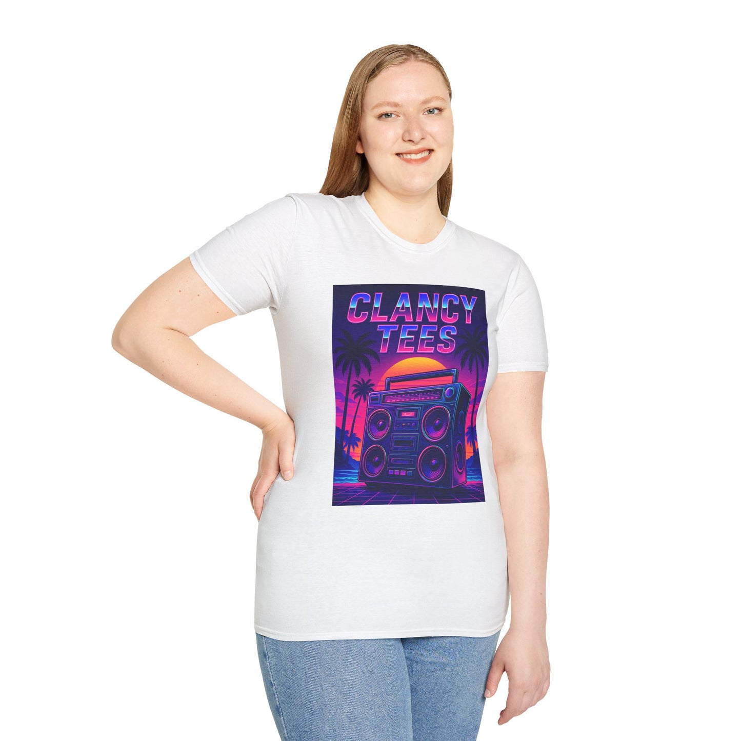 Retro Boombox Sunset Tee – Vaporwave Clancy Tees Shirt – Gift for 80s Kids, Music Lovers, Synthwave Fans & Nostalgic Neon Dreamers