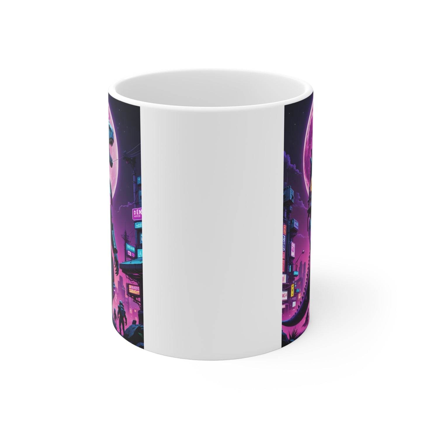 Cyberpunk Dinosaur Coffee Mug 11oz Ceramic Cup Retro Futuristic Drinkware Neon T Rex Artwork Sci Fi Design For Morning Coffee Tea And Hot Drinks