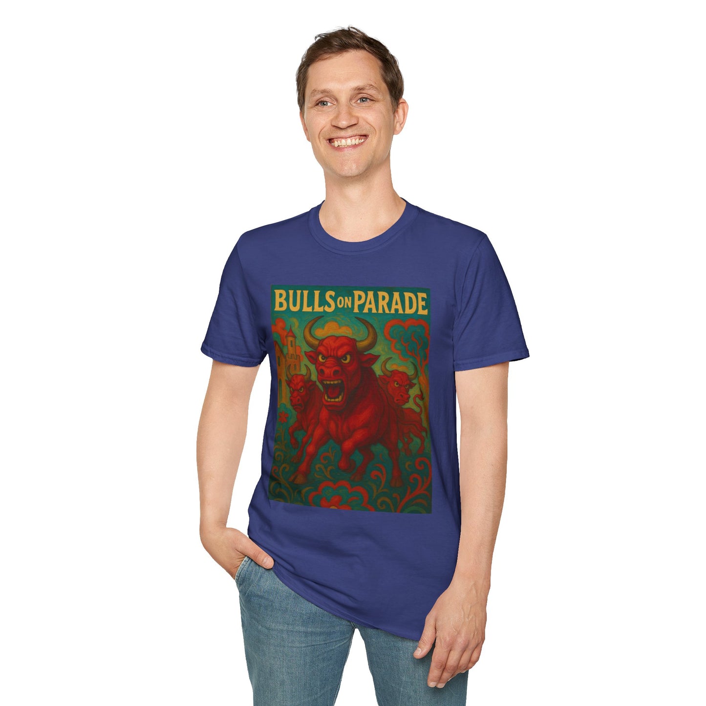 Bulls on Parade Shirt – Psychedelic Rage-Inspired Bull Graphic Tee • Gildan Softstyle® Unisex • Protest Art T-Shirt • Gift for Rage Fans