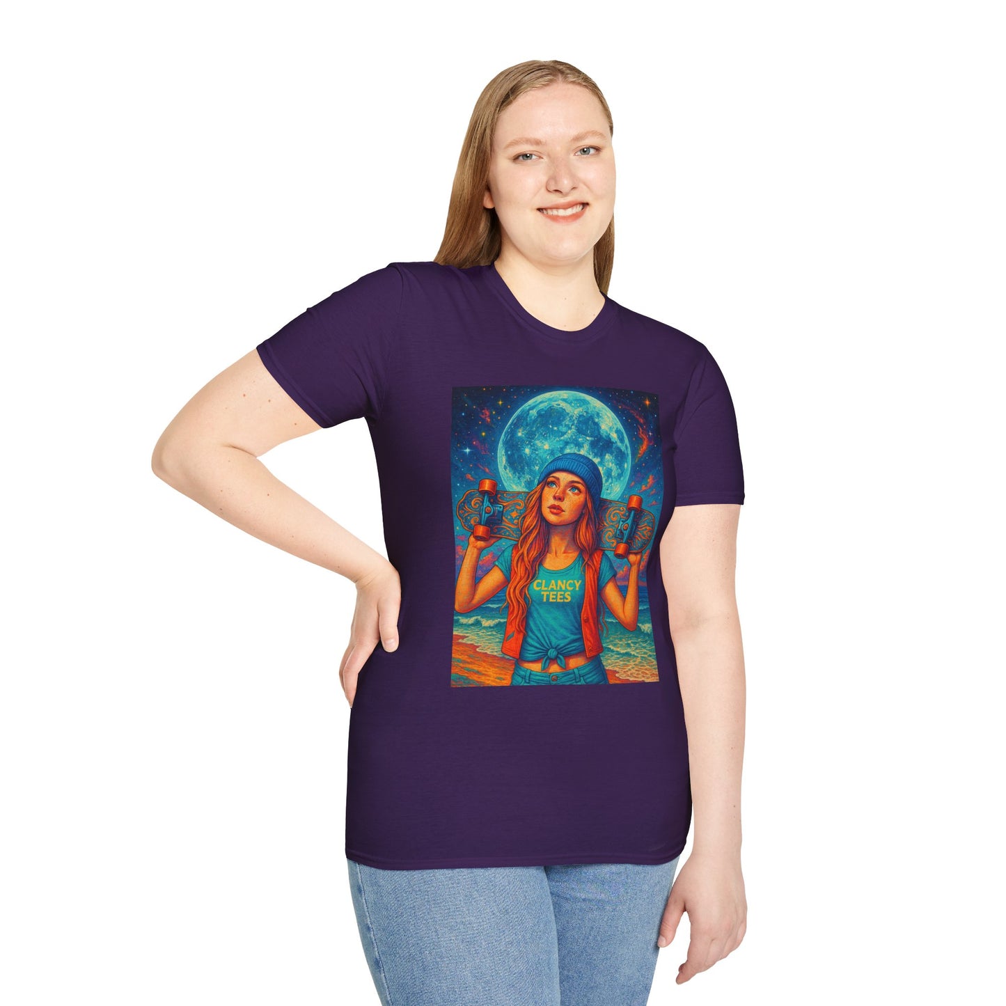 Bohemian Skater Girl Graphic Tee, Unisex T-Shirt with Moon & Nature Design, Perfect for Festivals, Gift for Nature Lovers, Summer Vibes, Casual Wear